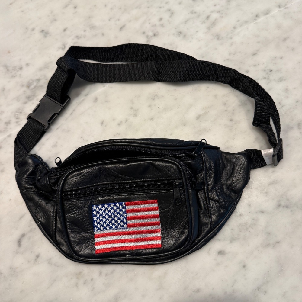 Black Patchwork Lambskin Leather Fanny Pack American Flag Patch Waist Bag
